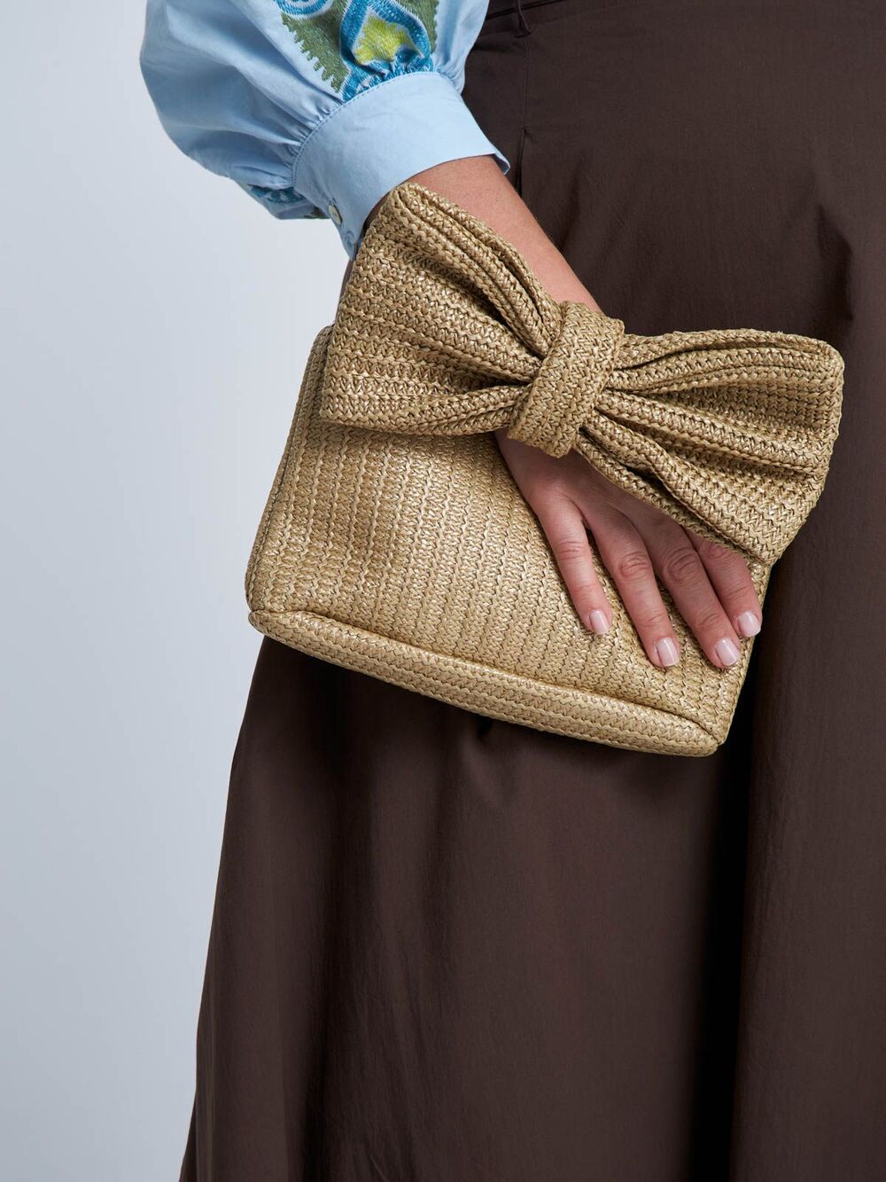 New Woven Straw Clutch Handbag Womens Beige Bow Accent Summer Evening Wristlet